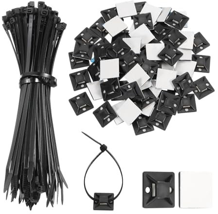 QUARKZMAN 100 Juegos De Sujetadores De Cable Con Adhesivo Automático 8 Pulgadas Bases De Sujeción De Cable De Nylon Con Almohadillas Pegajosas Para Hogar, Oficina, Jardín, Taller, Negro