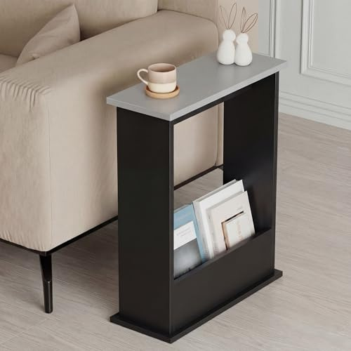Blisswood Slim Side Table, Small Side Table With Magazine Rack, Modern Style Sofa End Tables For Living Room And Office, Narrow Bedside Tables For Bedroom, Study (55 x 45 x 18 cm, Black & Grey)