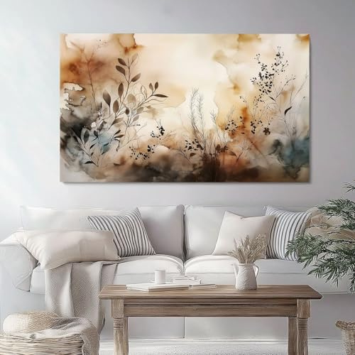 Leinwandbild Bilder Wohnzimmer Abstrakte Aquarellpflanzen, 70 x 50 cm 1tlg, Deko Schlafzimmer Wanddekoration, Aesthetic Foto auf Leinwand, Beige Braun