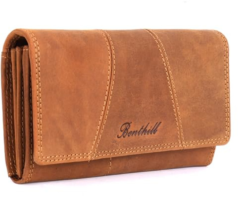 Benthill Portemonnaie Echt-Leder - Hochwertige Damen Geldbörse mit RFID Schutz - Vintage Lederbörse - Frauen Portmonee inkl. Geschenkbox, Farbe:Brown - Tan (H)