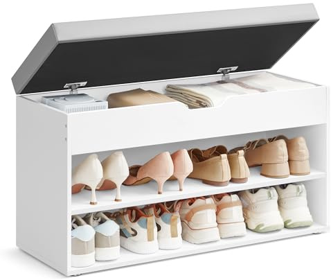 VASAGLE Custos Colección - Banco Zapatero, Mueble Zapatero con Asiento Tapizado, Banco Recibidor con 3 Compartimentos, 30 x 80 x 44 cm, para Entrada, Dormitorio, Blanco Nube y Gris Paloma LHS022WB01