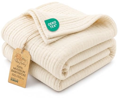 Manta muselina bebé algodón 100 x 150 cm - Plaid gasa suave muslin cobija niño delgada arrullo sábana muselinas mantita ligera recién nacido tejido transpirable para niños Oeko-Tex Beige Claro