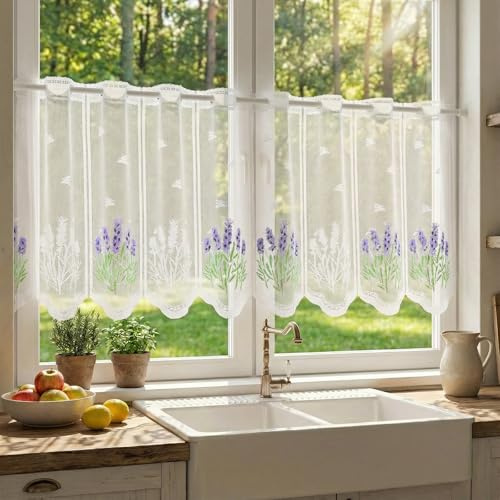 Scheibengardinen Bistrogardine - Weiß Bistrogardine Spitzenvorhänge mit Lavendelmuster Transparent Jacquard Küchengardine Spitze Kurzgardine Blumen Scheibengardine Kurze küchengardinen 120 x 50cm
