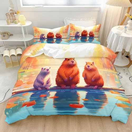 Soft Breathable Duvet Cover Twin XL Size, Cartoon Cute Beaver Print Microfiber Double-Sided Comforter Cover 68 x 90, Colorful Bedding Set 3 Pieces with Zipper Closure for Kids Teens Adults