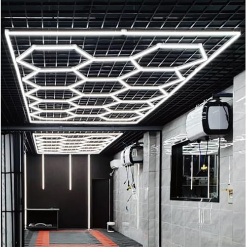 XYLGJYT Lumières LED hexagonales, 5 hex 14 hex LED lumière de garage 168 W 672 W, 6500 K grille hexagonale lumières de magasin plafonnier enfichable for garage atelier sous-sol salle(4.84 x 2.43 m)