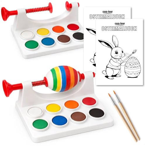 com-four® 2x Ostereier-Malset, verbesserte Eiermalmaschine mit Malbuch | Pinsel und 8 Farben - Bastelzubehör zum Bemalen von Ostereiern - für Eier bis Größe XL