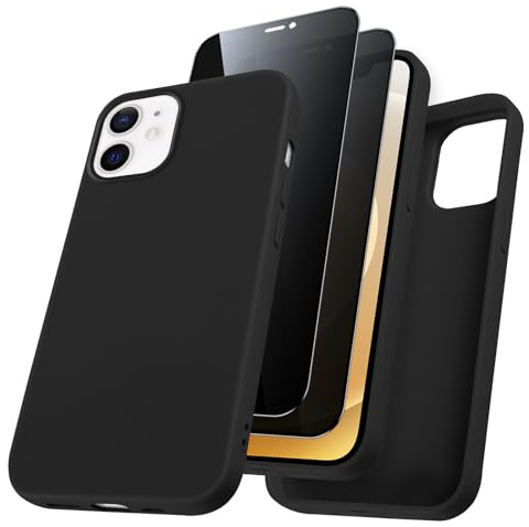 Niokfrci Coque pour iPhone 12 avec 2 Verre Trempé Anti-Espion Protection Écran, Etui Antichoc Mince Souple Silicone TPU au Toucher Soyeux, Anti-Rayures Protection Complète Housse pour iPhone 12, Noir