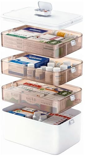 Kezidhp Contenitore Medicinali 4 Strati, Con Maniglia, Portapillole Viaggio | 30×16,5×24cm, 4 vani separati, Portapillole da viaggio estraibile nel coperchio, Plastica PP senza BPA