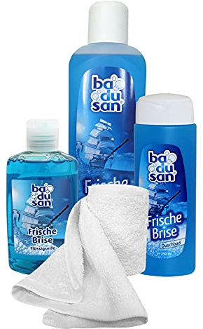 badusan Wohlfühlset Frische Brise 4-teilig Duschbad, Schaumbad, Flüssigseife Geschenkset mit Handtuch, Baden mit Badusan Pflegeset Beautyset Beautypaket