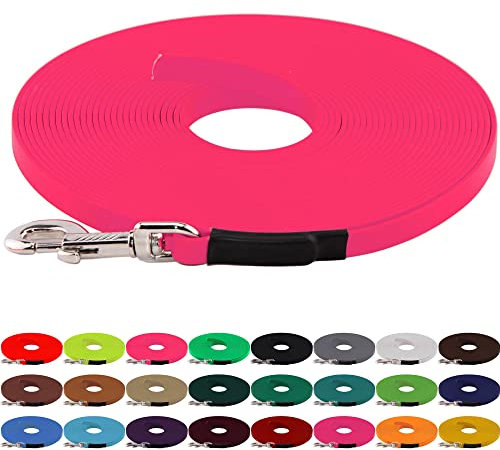 LENNIE BioThane Schleppleine, 19mm, Hunde ab 35kg, 20m lang, ohne Handschlaufe, Neon-Pink, genäht