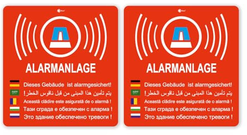 2er Set Aufkleber Alarmanlage I 6 x 6,3 cm I Achtung Gebäude ist alarmgesichert I für Fensterscheibe, Tür I außenklebend UV- und witterungsbeständig I rot I Sicherheitsaufkleber I hin168