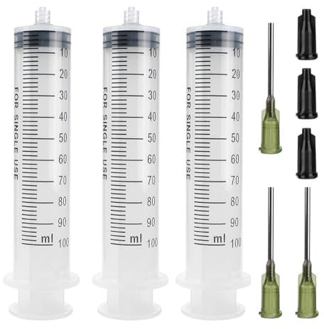 3 Pack 100ml Plastic Reusable Syringes with 14G 1.0'' Blunt Tip Fill Needles and Storage Caps (Luer Lock) for Glue Applicator, Oil Dispensing Multiple Uses
