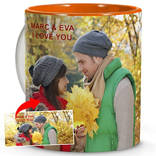Taza Personalizada con Foto y Texto. Regalos Originales para Parejas. Regalo Madre. Regalo Personalizado San Valentín. Regalo para Enamorados Hombre. Regalo con Foto Personalizada. Interior Naranja