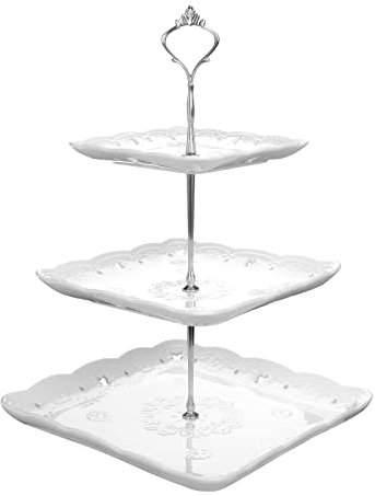 MALACASA, Series Sweet.Time, 14.5 Tall 3 Tier Cake Stands (6 & 8.2 & 10) Square Ceramic Dessert Cake Tower Stand, Porcelain Party Food Server Display Holder with Golden Carry Handle, White