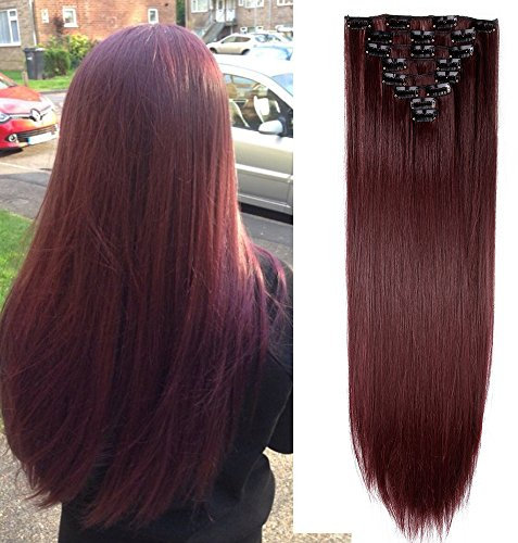 26 Hair Extensions Clip in 8 Pieces Silky Full Head Hairpieces Synthetic Fibre Hair Set - Wine Red(Straight,Length:66cm,Weight:140g)