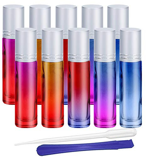 10 pcs, Roller bouteilles en verre de 10 ml, Gradient Couleur Conteneur rechargeable Roll On bouteilles pour huiles essentielles, aromathérapie, Parfum, avec décapsuleur et Dropper