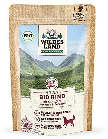 WILDES LAND – Rind | Nassfutter mit extra hohem Fleischanteil und natürlichen Zutaten für ausgewachsene Hunde. Getreidefreies Alleinfutter ohne Zusatzstoffe in der Dose | 10x125g Rind