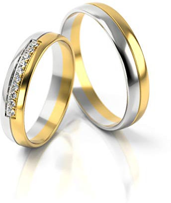 JC Trauringe Gold 585 Paarpreis Bicolor Gelbgold Weißgold I Eheringe breit 4 mm I Partnerringe mit Gravur in edler Schatulle I 2 Hochzeitsringe Herrenring ohne & Damenring mit Steinen I PL318