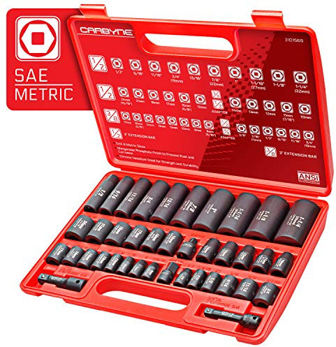 CARBYNE Impact Socket Set, 40 Pieces | SAE & Metric - Standard and Deep Sockets, Chrome Vanadium Steel, Corrosion Resistance, Durable Storage Case | 3/8'' & 1/2'' Drive