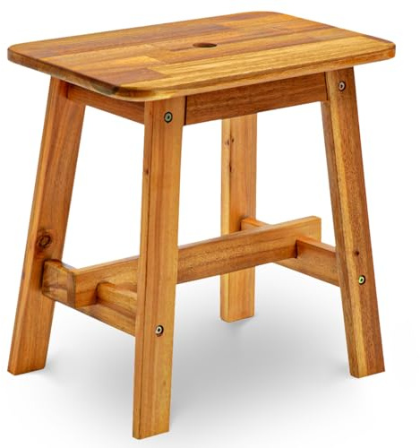 BEEFURNI 18-Inch Rectangular Acacia Wood Stool, Small Bench, Natural Wood