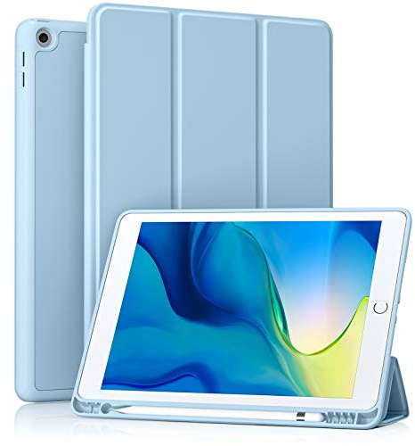 Akkerds Case Compatible with iPad 10.2 Inch 2021/2020/2019, for iPad 9th/8th/7th Generation Case with Pencil Holder, Protective Case with Soft TPU Back, Auto Sleep/Wake Cover, Sky Blue