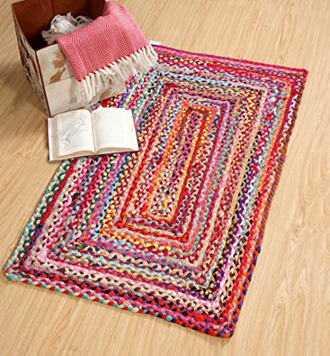 Second Nature Online Sundar Kleiner geflochtener Teppich, flach, handgewebt, mit mehrfarbigem recyceltem Stoff, 60 cm x 90 cm