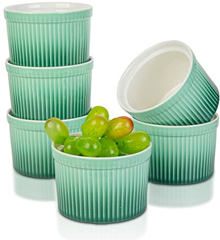 240ml Moldes para soufflé, Candiicap Juego de 6 Moldes de Porcelana para Hornear, Pudín, Creme Brûlée, Tazas de Flan, Salsa para Servir (240ml, Verde Aguacate)