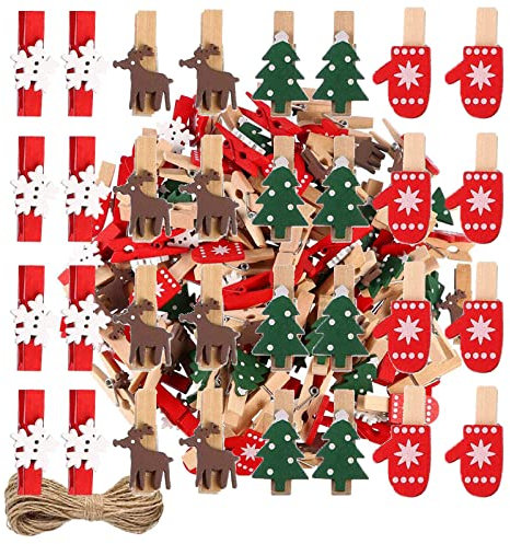 120 Pcs Mini Pince en Bois Photo Clip de Noël, DIY Pegs, Craft Clip, Pince à Linge Avec Noëlc (A)