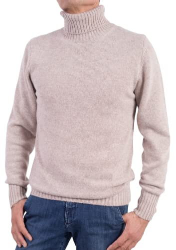 Maglia Collo Alto Uomo Misto Cashmere Made in Italy Maglione Dolcevita Manica Lunga Cachemire Doppio Filo Autunno Inverno Pullover Nero Beige Bianco Grigio Ragazzo Polo Invernale (Beige, L)