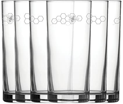 Engraved Bees Patterned Hiball, Set of six 12oz/340ml Water and Cocktail Glasses, Laser Engraved in The UK, Gift for Him or Her, Birthday Gift, House Warming Gift