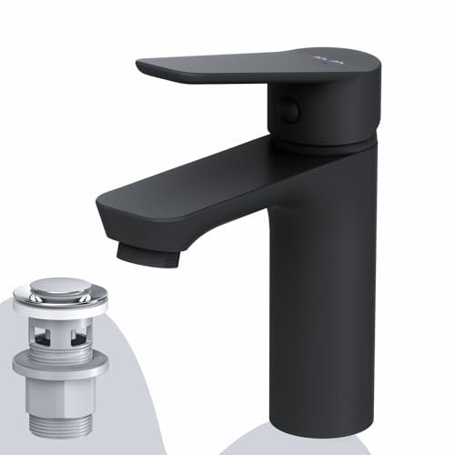 Mitigeur Lavabo avec Bonde Clic-Clac, Robinet de Lavabo, Noir, Cartouche Céramique SoftMotion 35 mm, Résistant aux rayures, Facile à nettoyer, Garantie 5 ans. Hit AM.PM