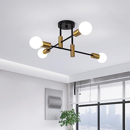 JIINOO Kronleuchter Moderne Pendelleuchte 4 Lichter Metall Industrielle Vintage Halterung Kronleuchter für Wohnzimmer Esszimmer Schlafzimmer Foyer, Schwarz + Gold