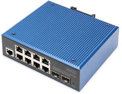 DIGITUS Switch di Rete - 10 Porte Gigabit Ethernet - 8X RJ45 + 2X SFP - IP40 - L2 gestito - 10/100/1000 Mbit/s - Montaggio su Guida DIN - Serie Industriale - Nero/Blu