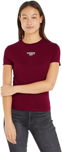 Tommy Jeans Damen T-Shirt Kurzarm Slim Logo Rundhalsausschnitt, Rot (Red Carpet), XS
