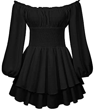 Acrawnni Women Puff Sleeve Dress Off Shoulder Smocked Bodycon Mini Dress Casual Ruched Boat Neck Ruffled A-Line Flowy Short Dress (C-Black, S)