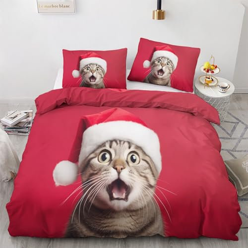Weihnachten Katze Bettwäsche 140x200 Winter - Mädchen Bettbezug 140x200 2er Set, Wendebettwäsche und Kissenbezug 70x90, Weiche & Angenehme & Warme Mikrofaser Bettwäsche-sets mit Reißverschluss