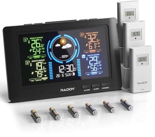 Stazione meteorologica Raddy WF-80C con 3 sensori esterni, display digitale a colori da 7,5'', termometro igrometro barometro, radiosveglia DCF, previsioni del tempo, retroilluminazione regolabile