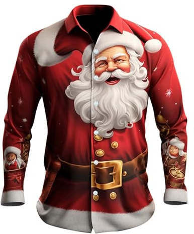 PAIDAXING Men's Christmas Shirts Funny Santa Clus Digital 3D Printed Tops Casual Button Down Lapel Long Sleeve Polo Shirts Graphic Xmas Tshirts Blouse Christmas Outfits for Men UK