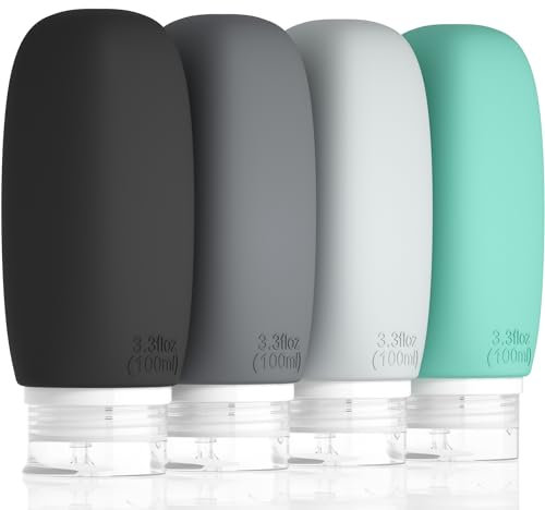 Morfone Reiseflaschen zum Befüllen 100ml, Silikon Reiseflaschen Set 4 Stück Travel Essentials Nachfüllbare Reisegröße Flaschen Auslaufsicher Reise Container Shampoo Creme Spülung, Reise Gadgets - Grau