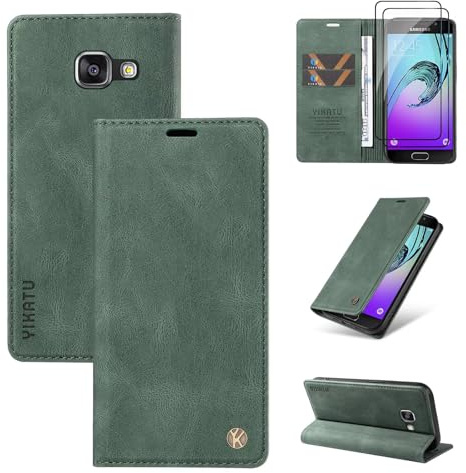 Beajew kompatibel mit Samsung Galaxy A3 2017 Hülle [Mit 2 Stück Panzer Schutz Glas] Premium Leder Stoßfest Schutzhülle Kartenfach Klapphülle Handyhülle für Samsung Galaxy A3 2017, Grün