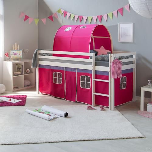 Homestyle4u Kinderhochbett Leiter Weiß 90 x 200 cm Holz Kiefer Kinderbett pink rosa mit Lattenrost Vorhang Tunnel