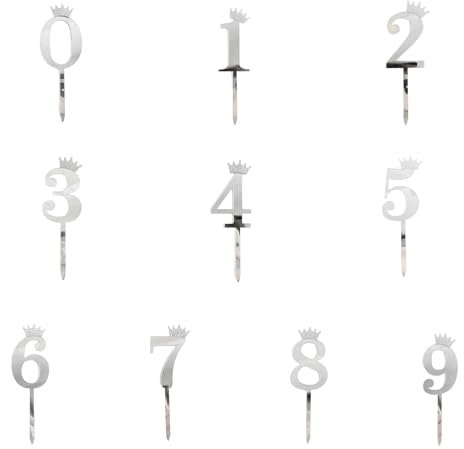 Silver Acrylic Number Cake Topper 0-9 Numbers, DIY Number Birthday Cake Topper with Crown, 0-9 Cake Number Toppers for Wedding Birthday Cake Baby Shower Party