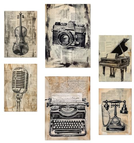 Nacnic 6er-Set Vintage-Liebe. Kamera, Mikro, Klavier, Violine, Telefon Poster mit Designillustrationen zur Dekoration der Wände Ihres Zuhauses. Räume, Büro, Laden und Geschäft A3 und A4 Rahmenlos