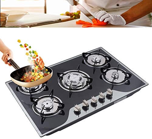 Hornillo de gas integrado de vitrocerámica con 5 fuegos de gas LPG/NG, placa de gas empotrable para cocina de gas natural, de vidrio templado de 8 mm y marco esmaltado