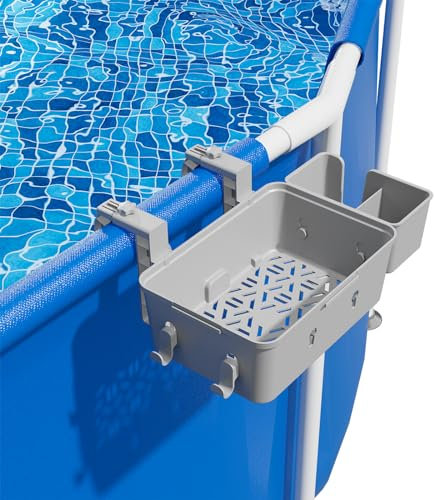 Pool Storage Basket, FEAHRZEUG New Upgrade Pool Basket with Retractable Fixed Hook, Pool Accessories with Pool Drink Cup Holder for Rectangle Pool Above Ground Metal Frame Pools Garden, Grey,1PC