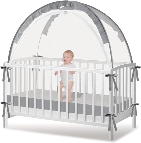 Moskitonetz Mückennetz Krippenzelt für Babybett Gitterbett Kinderbett Krippennetz, Faltbar Krippenzelt mit Transporttasche (Grau, 70 * 140cm)