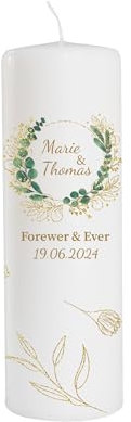 Kerze Hochzeit individuell mit Name und Datum als Tischdeko. Tischdekoration Hochzeit als Geschenk. Liebevolle Kerze Eukalyptus Blumen Brenndauer: 45 Stunden, Ø7,8 x Höhe 25 cm