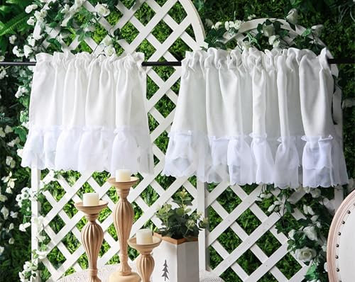 KnSam Scheibengardine Spitze Bistrogardine Lichtfilterung Vorhang Verdunkelung Kurz Gardine Scheibengardinen Fensterschal für Küche Wohnzimmer Landhaus 2er-Set 90Bx45H(cm)