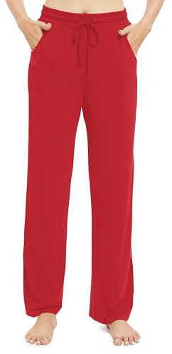 EXCHIC Damen Freizeit Elastische Gerades Bein Hose Lounge Mittel Taille Weite Yoga Hosen mit Taschen(XL, Rot)