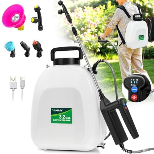 Battery Powered Sprayer 3.2 Gallon, VAXMAY Backpack Sprayer with 3 Adjustable Speeds, Battery Indicator, 5 Mist Nozzles, 41 Retractable Wand, USB Rechargeable Weed Sprayer for Lawn Garden Yard